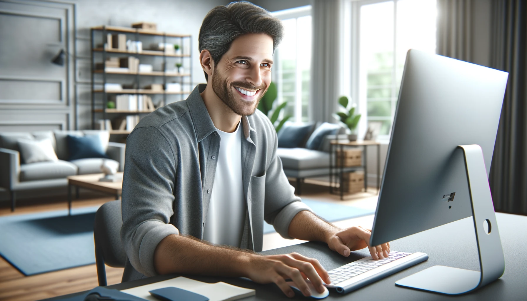 a smiling man using his PC at home. The man is sitting at a desk with a modern computer setup, including a monitor, keyboard, and mouse.