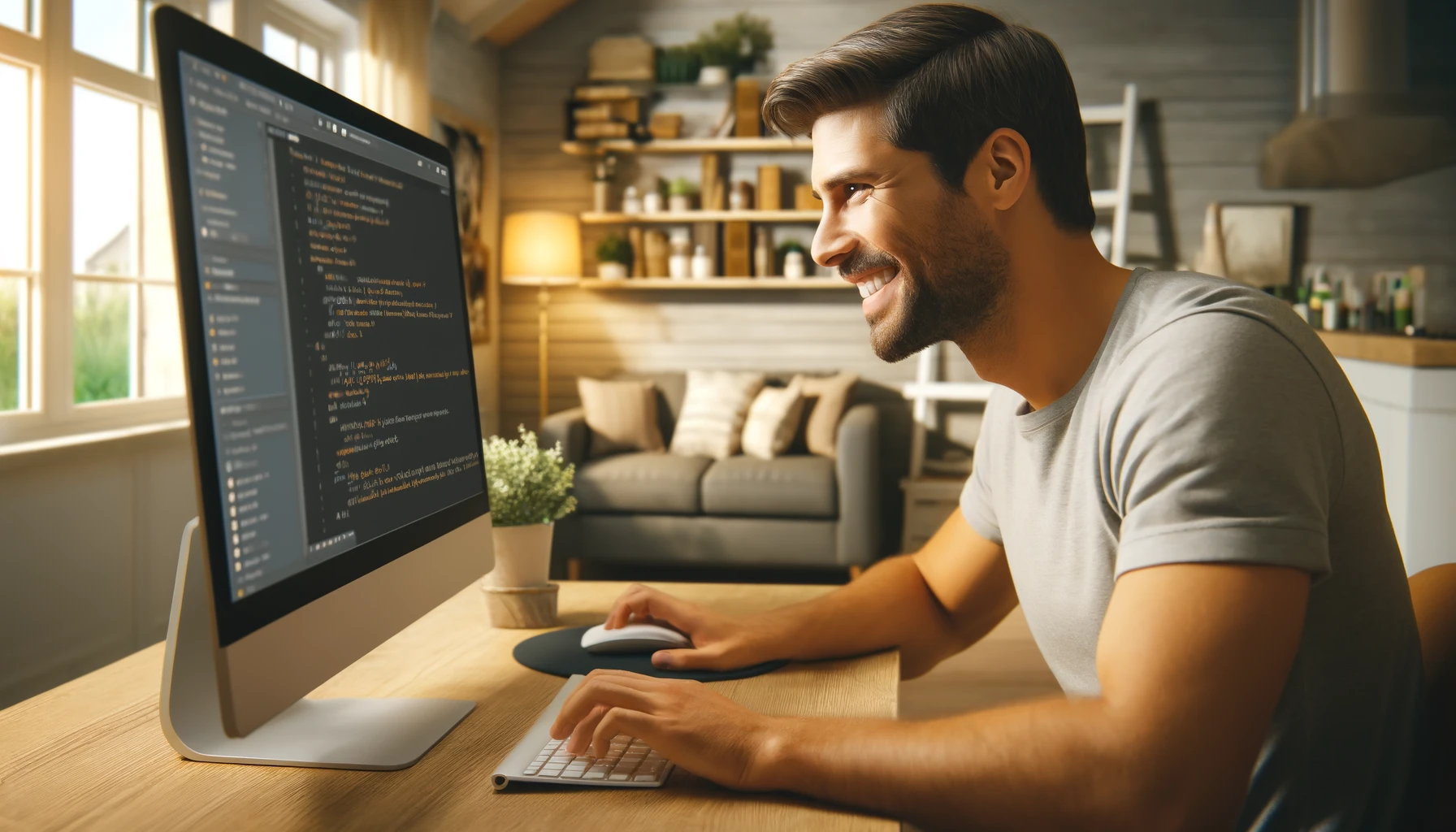 a smiling man coding at his PC at home. The man is sitting at a desk with a modern computer setup, including a monitor, keyboard, and mouse.