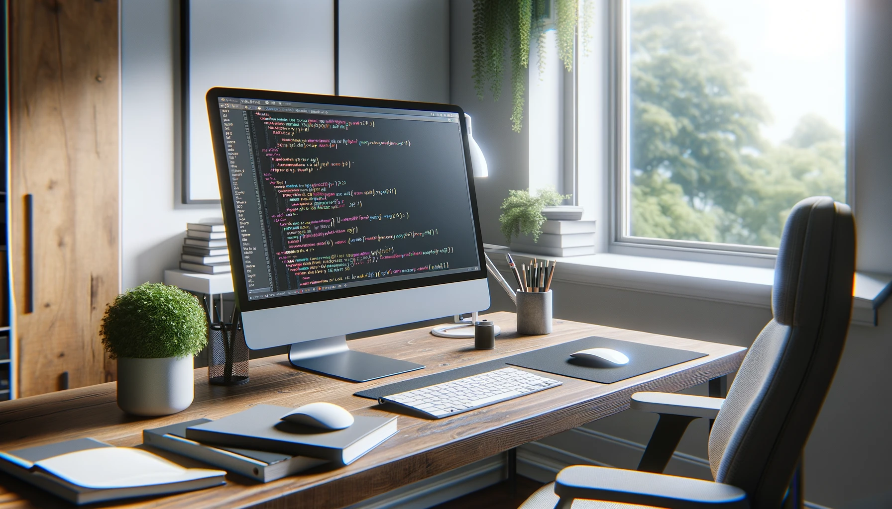a computer screen displaying code in a modern home office. The screen shows a simple C programming calculator code in an IDE with syntax highlighting. 