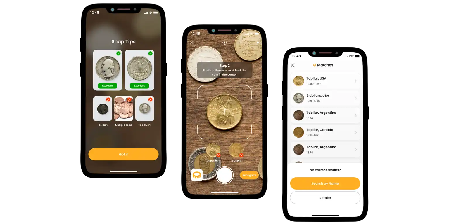A screenshot from the Coin ID Scanner app showcasing its primary tools and coin identification interface.