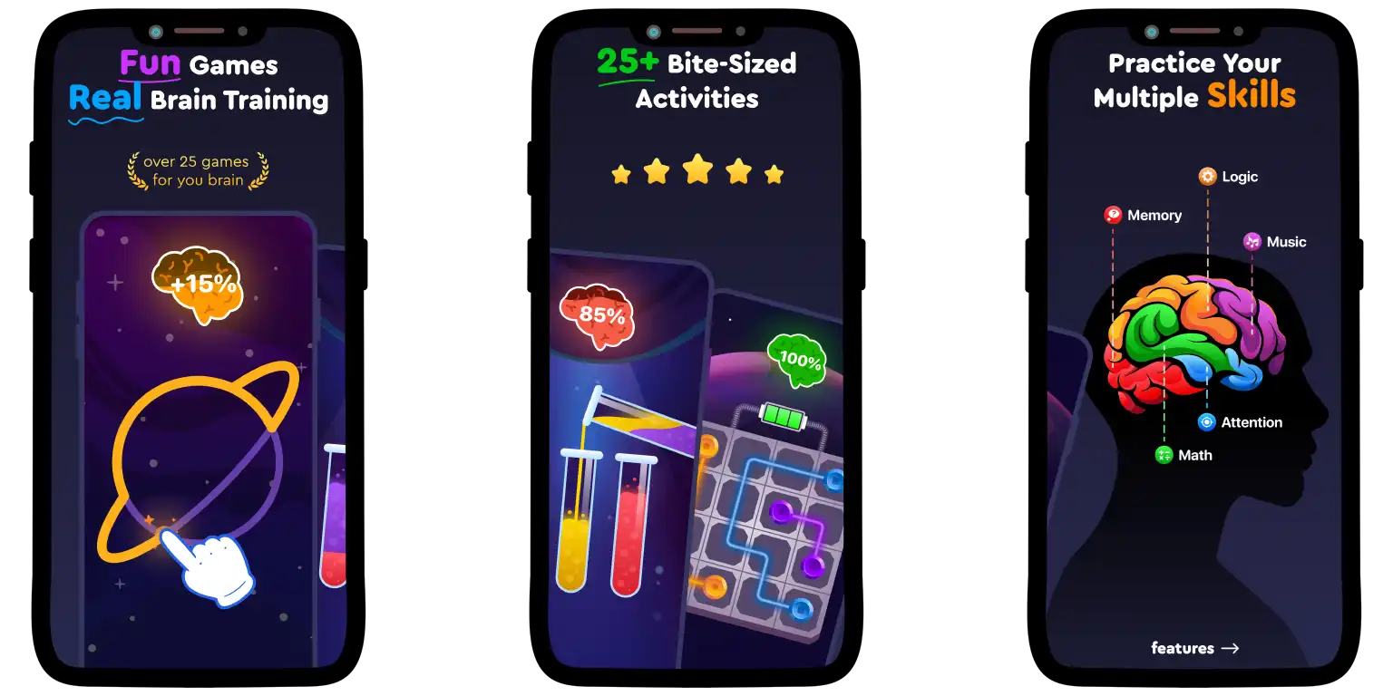 A screenshot illustrating the central features of the Mind Elevate app focused on brain training.