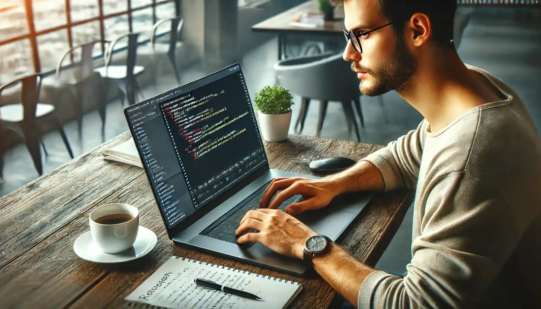 A focused developer is intensely working on a laptop, writing code for a financial monitoring application in C.
