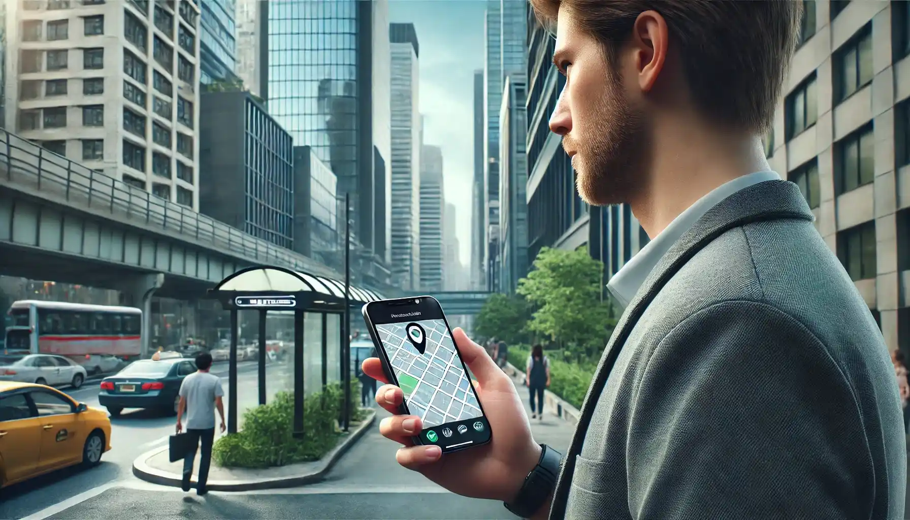 A man is standing outside and looking at the screen, as it displays a map with a geotag within a GPS application optimized for battery efficiency. 