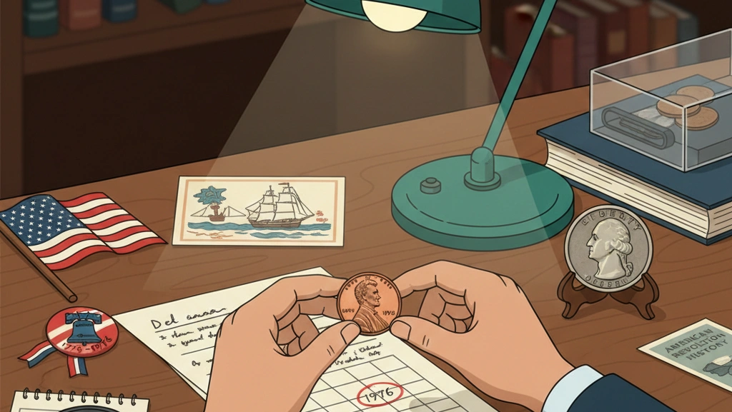 A collector comparing a 1976 Lincoln penny with bicentennial memorabilia on a desk