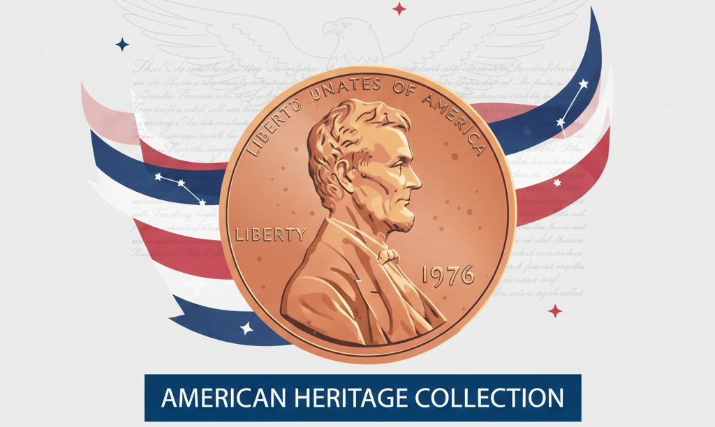 A patriotic-themed display featuring a 1976 penny